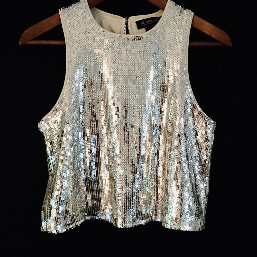 Rachel Zoe Top Small S Silver Sequin Crop Sleeveless Scoop Neck Back Zip Lined